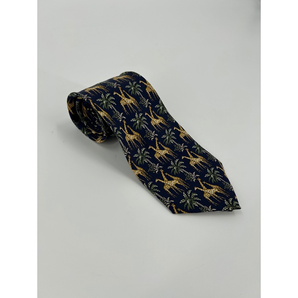 Burberrys London Mens Silk Tie Navy Blue Giraffe Palm Tree‎ Animal Print England